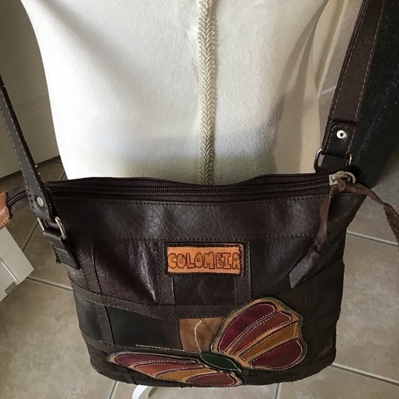 Leather Crossbody Purse Medellin Colombia Patchwork Butterfly Handmade Vintage - Picture 12 of 16